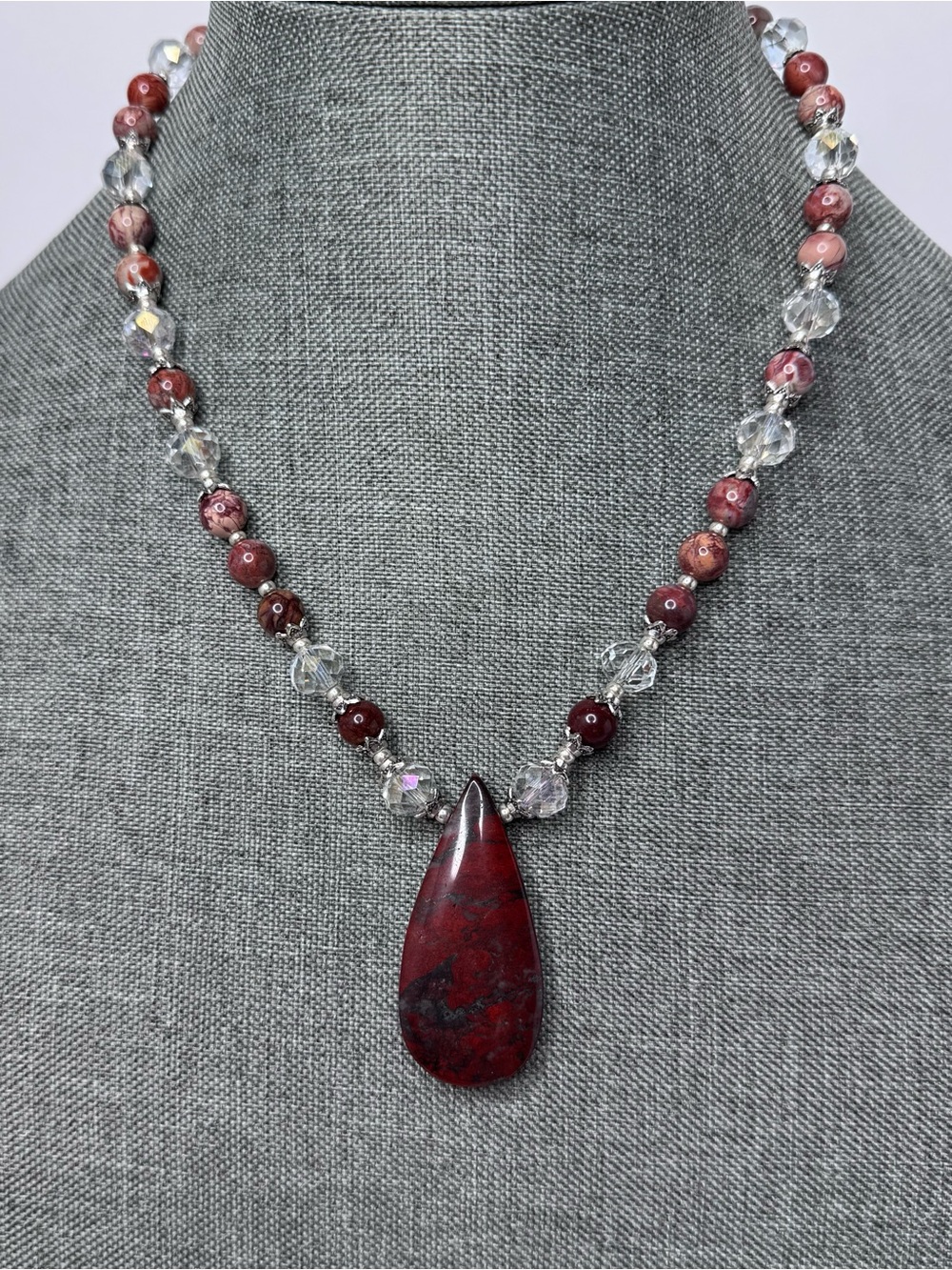 Red Brecciated Jasper Pendant, Porcelain Jasper Beads & Faceted Crystal Necklace - Picture 3 of 7